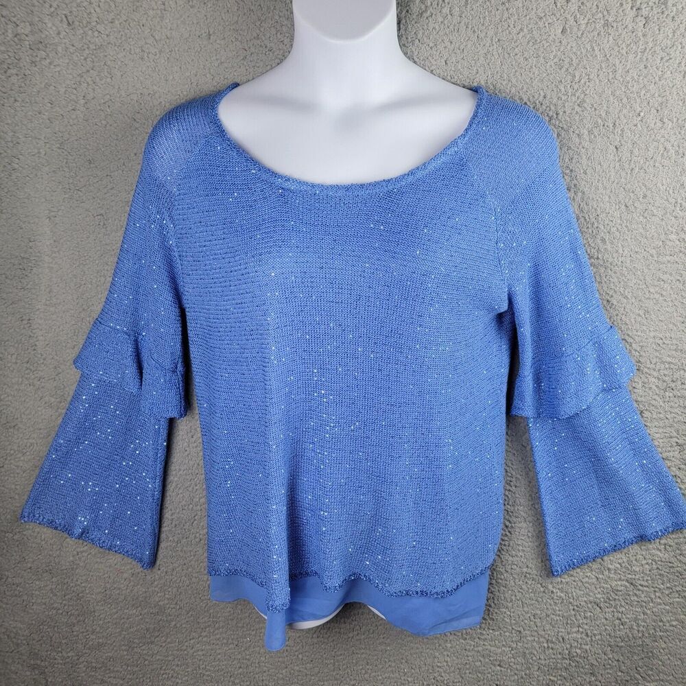 Sioni Studio Tunic Top Womens XL Blue Sequined Knit Tiered Bell Sleeve